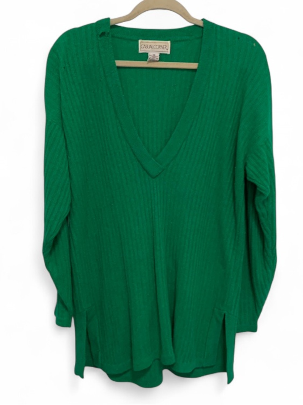 Vintage Casual Corner Green Ribbed V-Neck Pullover Tunic Sweater